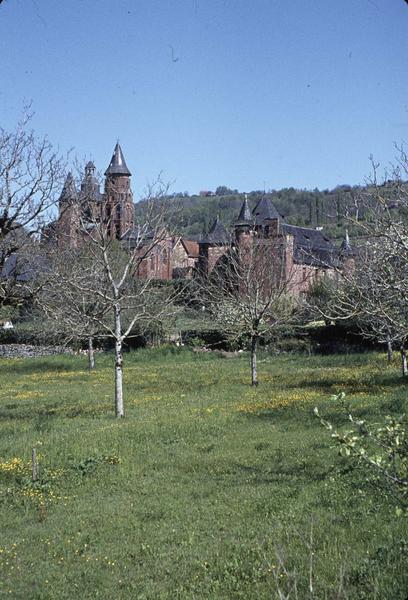 Ensemble de l'église et du manoir à l'arrière-plan, un pré au premier plan