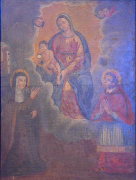 tableau : la Vierge à l'enfant entre sainte Claire et saint Charles Borromée avec la tour de Saint-Hospice à l'arrière plan, vue générale - © Ministère de la Culture (France), Médiathèque du patrimoine et de la photographie, diffusion RMN-GP