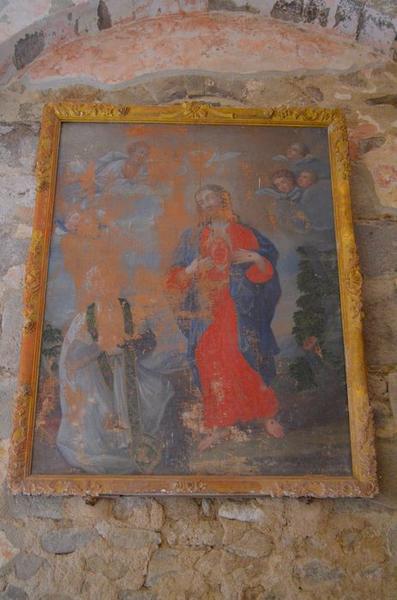 Tableau et son cadre : Apparition du Sacré-Coeur à un prêtre agenouillé