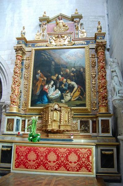 retable du croisillon sud, tabernacle et tableau : l'Adoration des bergers, vue générale