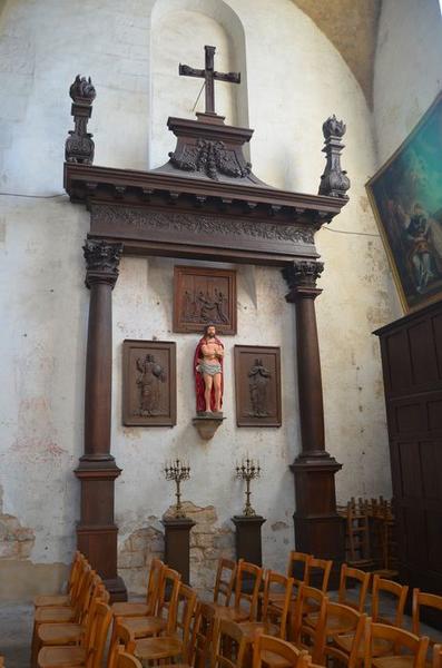 retable secondaire (fragment), bas-reliefs : Dieu le Père, La Vierge, statue : Ecce Homo, vue générale