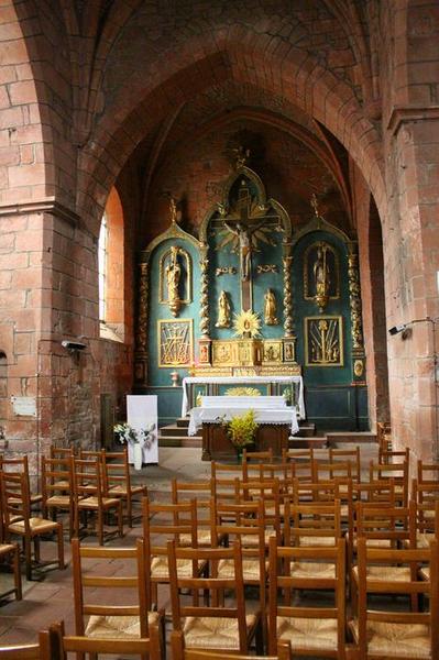 ensemble de l'autel (autel, gradin, tabernacle, retable, statues), vue générale