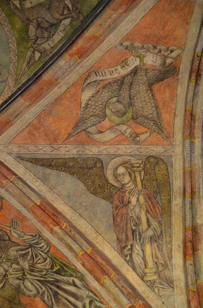 choeur, peintures monumentales des voûtes : ange portant les instruments de la Passion, aigle de saint Jean, vue partielle