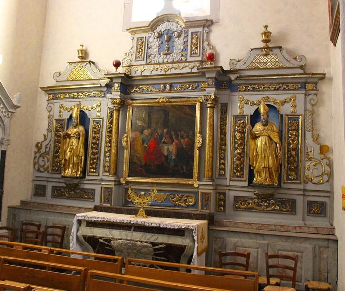 Retable de l'Eucharistie, avec son tableau : Cène, et ses deux statues : Saints évêques