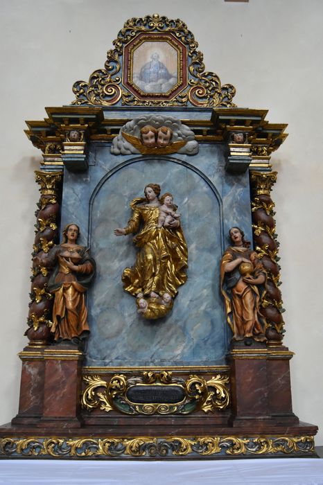 retable du Rosaire, statues : sainte Agathe, sainte Marie-Madeleine, vue générale 