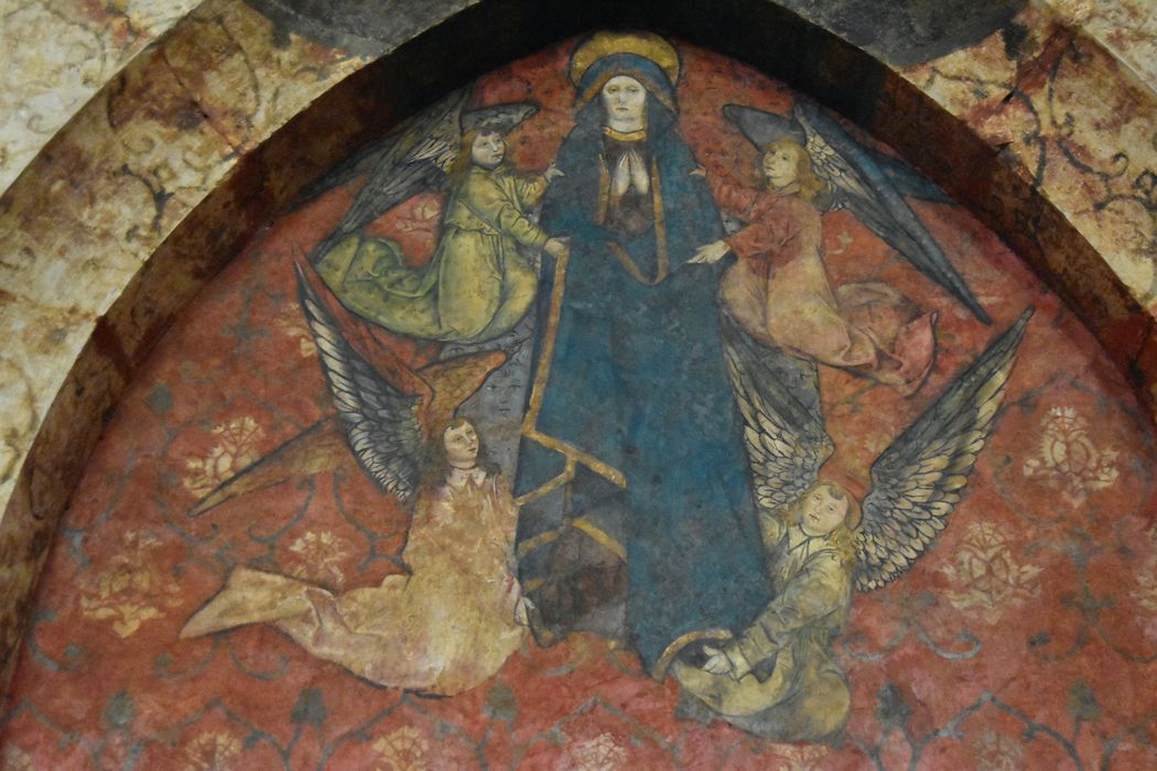 peinture monumentale de la nef : Vierge en gloire avec personnages en prière, vue partielle