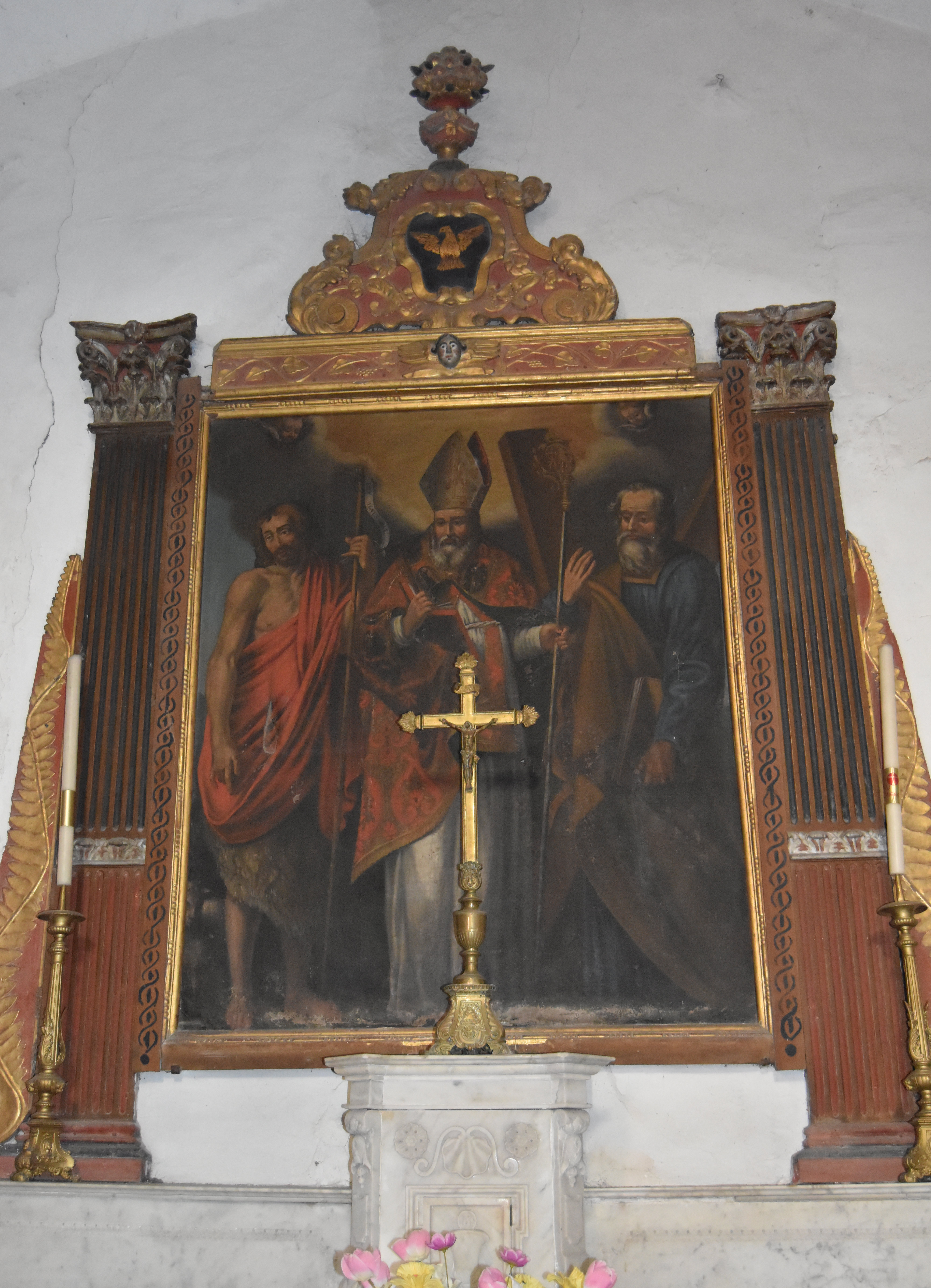 retable de l'autel de Saint Cassien (?) et tableau : Saint Jean-Baptiste, Saint André et Saint Cassien, vue générale