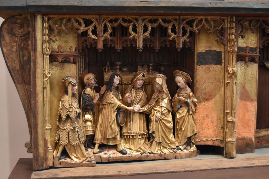 retable : scènes de la vie de la Vierge, l'Arbre de Jessé, détail : Mariage d’Anne et Joachim (le)