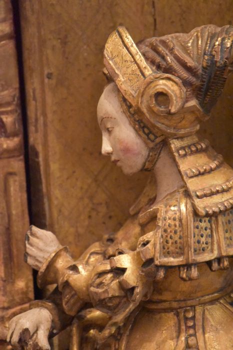 retable : scènes de la vie de la Vierge, l'Arbre de Jessé, détail : une des femmes de la scène de la naissance de Marie