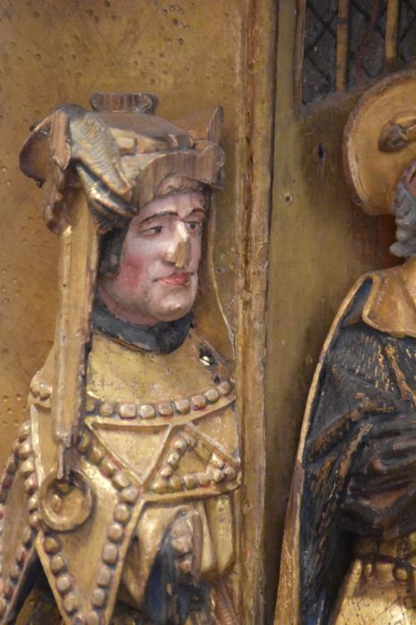 retable : scènes de la vie de la Vierge, l'Arbre de Jessé, détail du visage participant à la scène du mariage d’Anne et de Joachim