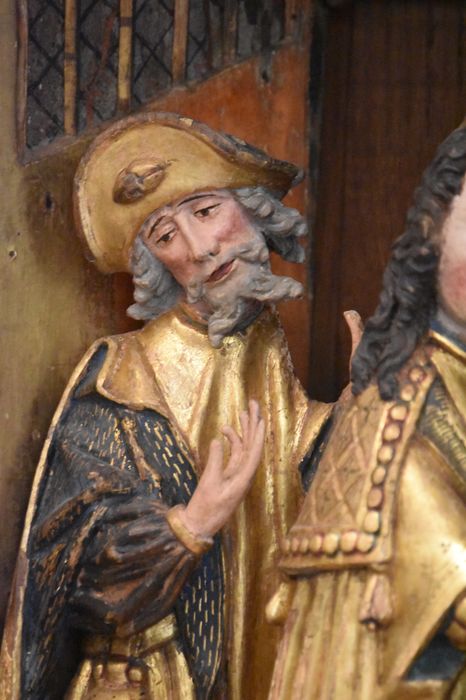 retable : scènes de la vie de la Vierge, l'Arbre de Jessé, détail du visage participant à la scène du mariage d’Anne et de Joachim