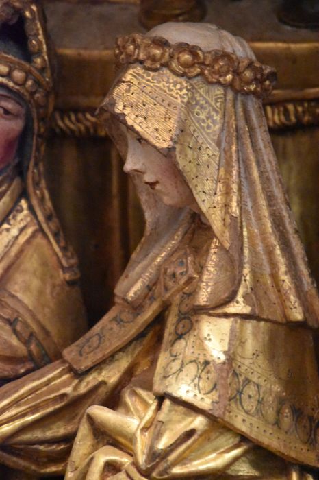 retable : scènes de la vie de la Vierge, l'Arbre de Jessé, détail : une femme assitant au Mariage d’Anne et de Joachim