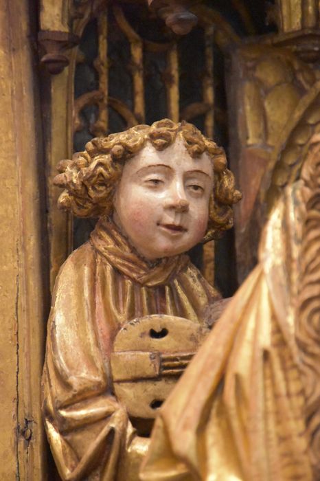 retable : scènes de la vie de la Vierge, l'Arbre de Jessé, détail : visage d’un ange musicien