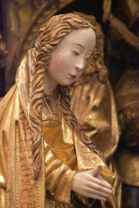 retable : scènes de la vie de la Vierge, l'Arbre de Jessé, détail : visage de la Vierge