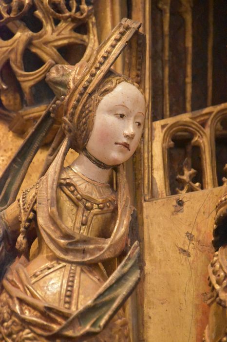 retable : scènes de la vie de la Vierge, l'Arbre de Jessé, détail : visage d’une femme assistant à la Circoncision de l’enfant Jésus