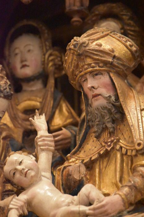 retable : scènes de la vie de la Vierge, l'Arbre de Jessé, détail : visage du Grand Prête dans la scène de la Circoncision