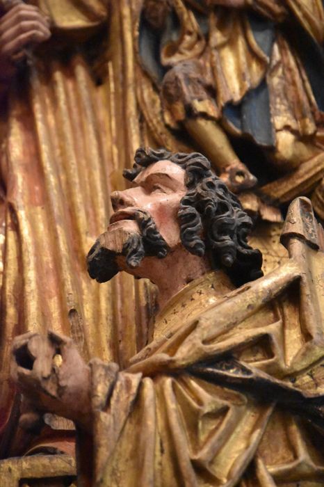 retable : scènes de la vie de la Vierge, l'Arbre de Jessé, détail : visage d’un des apôtres lors de la scène de la Dormition de la Vierge