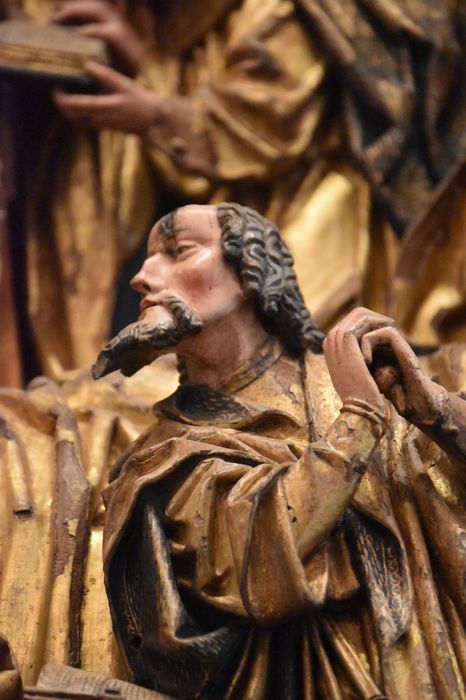 retable : scènes de la vie de la Vierge, l'Arbre de Jessé, détail : détail du visage d’un des apôtres lors de la scène de la Dormition de la Vierge
