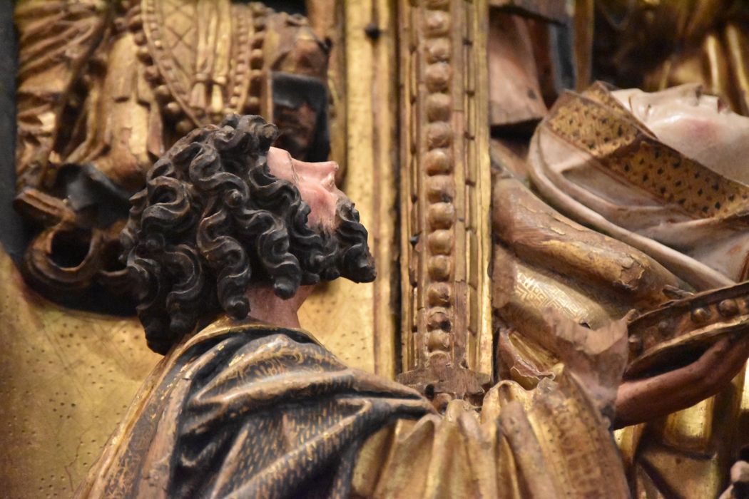 retable : scènes de la vie de la Vierge, l'Arbre de Jessé, détail : visage d’un des apôtres lors de la scène de la Dormition de la Vierge