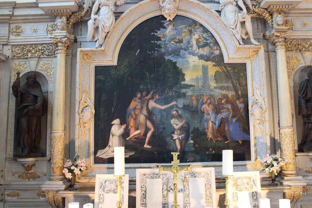 retable latéral nord, tableau (panneau peint) : Baptême du Christ, vue générale