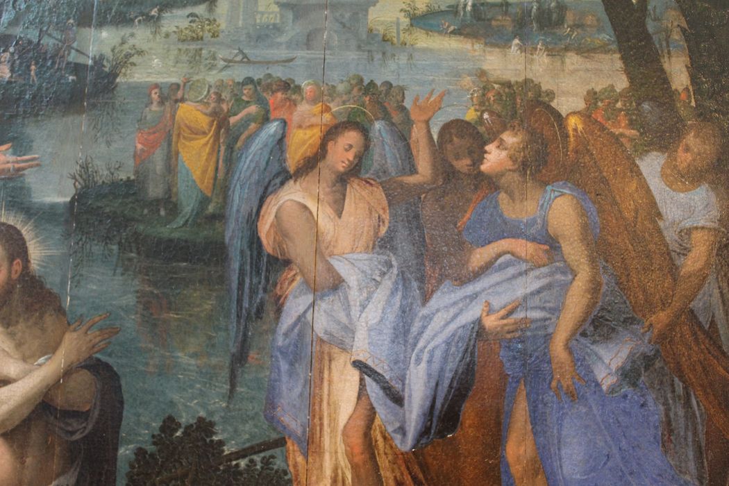 retable latéral nord, tableau (panneau peint) : Baptême du Christ, vue partielle