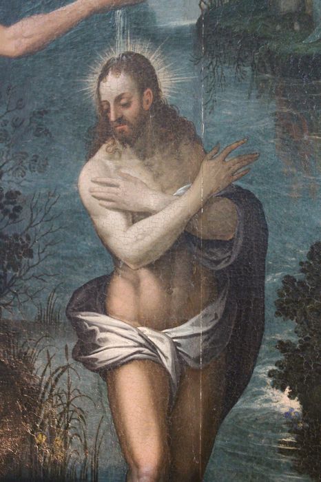 retable latéral nord, tableau (panneau peint) : Baptême du Christ, vue partielle