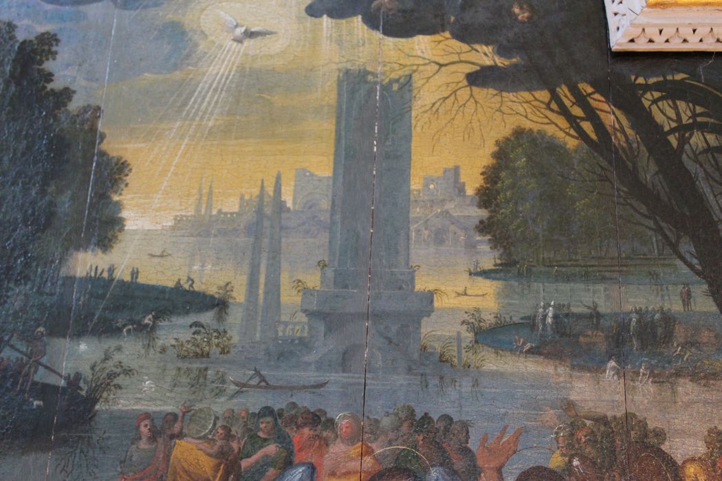 retable latéral nord, tableau (panneau peint) : Baptême du Christ, vue partielle