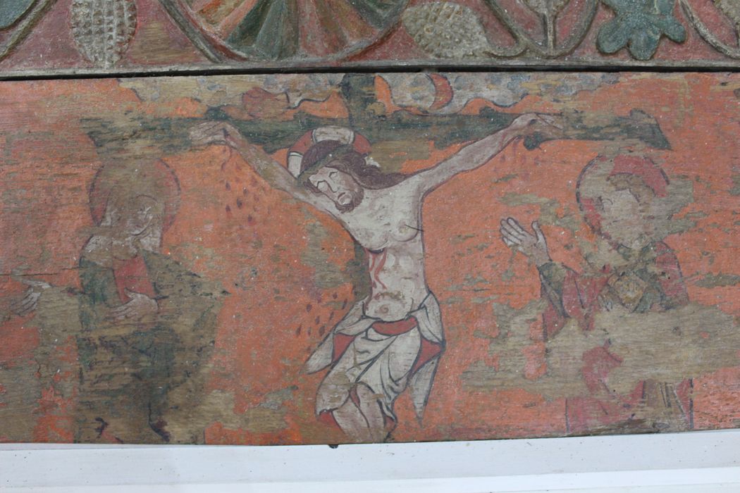 frise (panneau peint et sculpté) : Flagellation, Couronnement d'épines, Crucifixion, Mise au tombeau, Christ aux enfers, détail