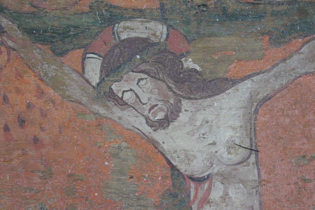 frise (panneau peint et sculpté) : Flagellation, Couronnement d'épines, Crucifixion, Mise au tombeau, Christ aux enfers, détail