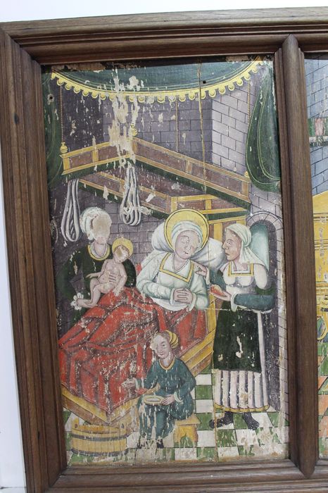 retable : scènes de la vie de la Vierge, vue partielle : Naissance de la Vierge (la)