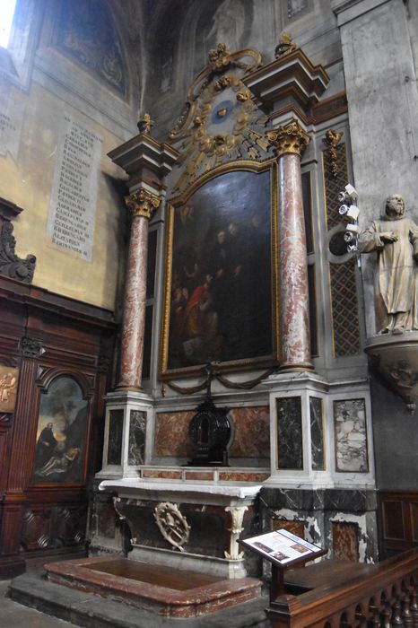 Tableau du retable de Saint-Benoît : Totila, roi des Ostrogoths, visitant saint Benoît