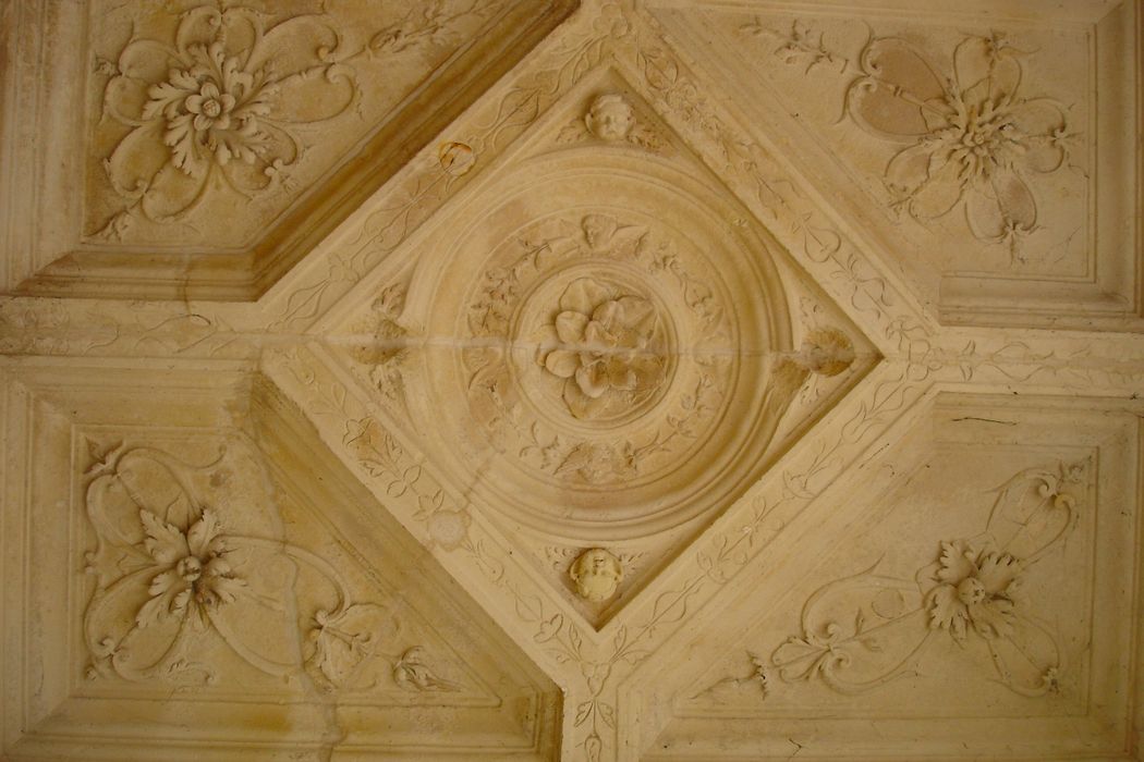 Ancien hôtel d'Escoville : Halle d'entrée, plafond sculpté, détail