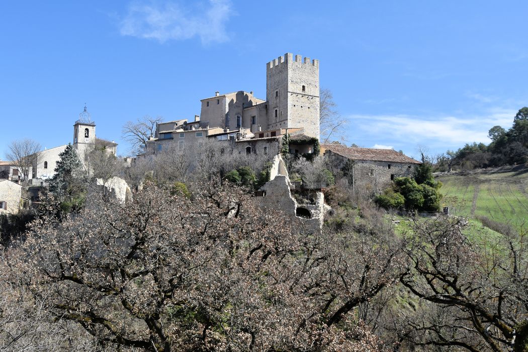 Château d'Esparron : Vue générale du château dans son environnement depuis le sud-ouest