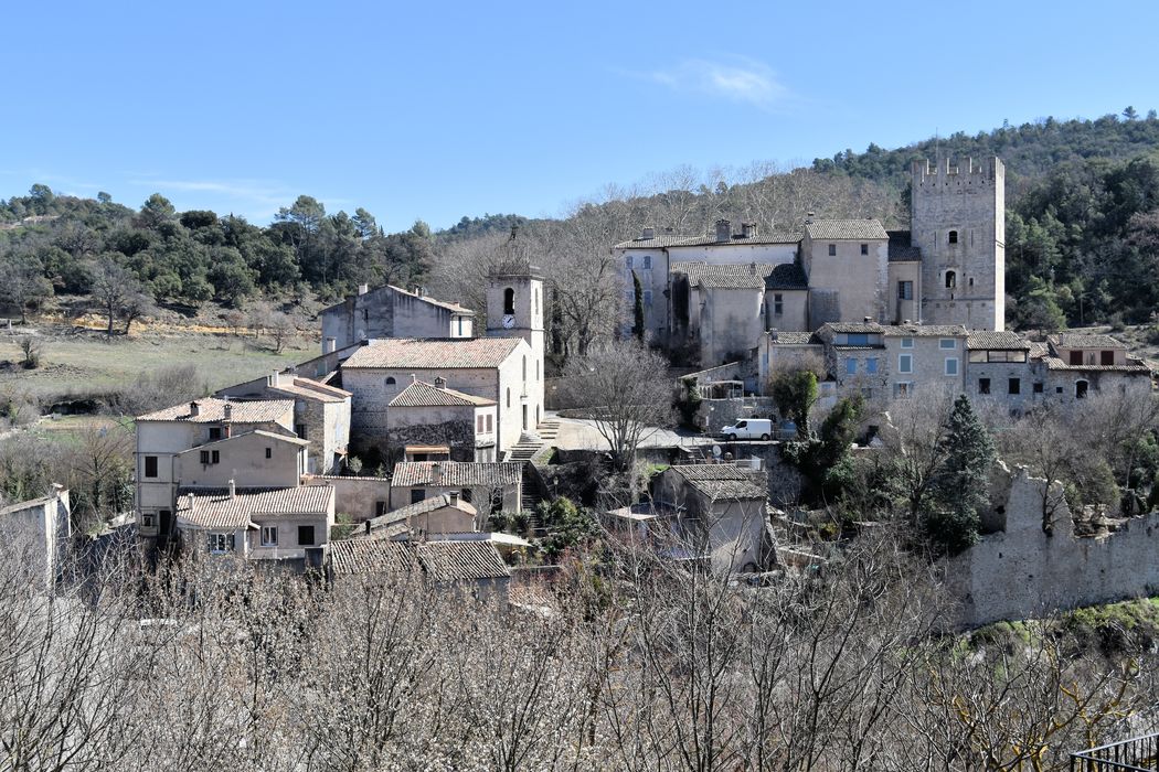 Château d'Esparron : Vue générale du château dans son environnement depuis l'ouest