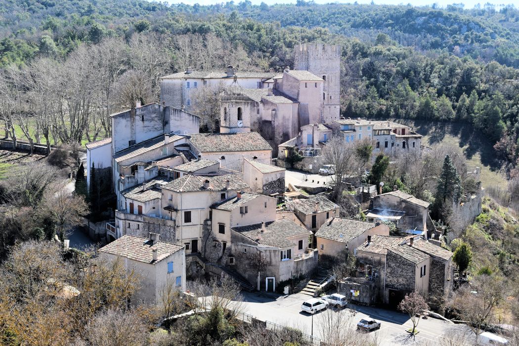 Château d'Esparron : Vue générale du château dans son environnement depuis le nord-ouest