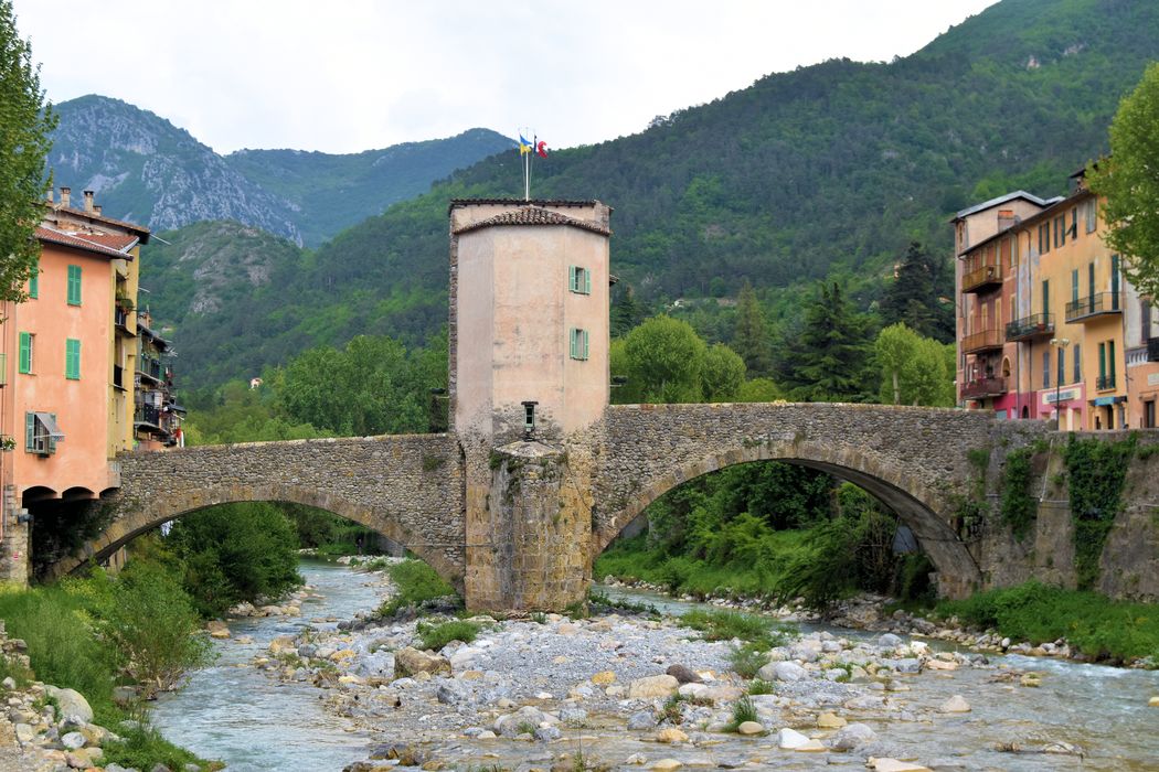 Vieux pont et tour qui le surmonte : Vue générale du pont dans son environnement depuis l'amont