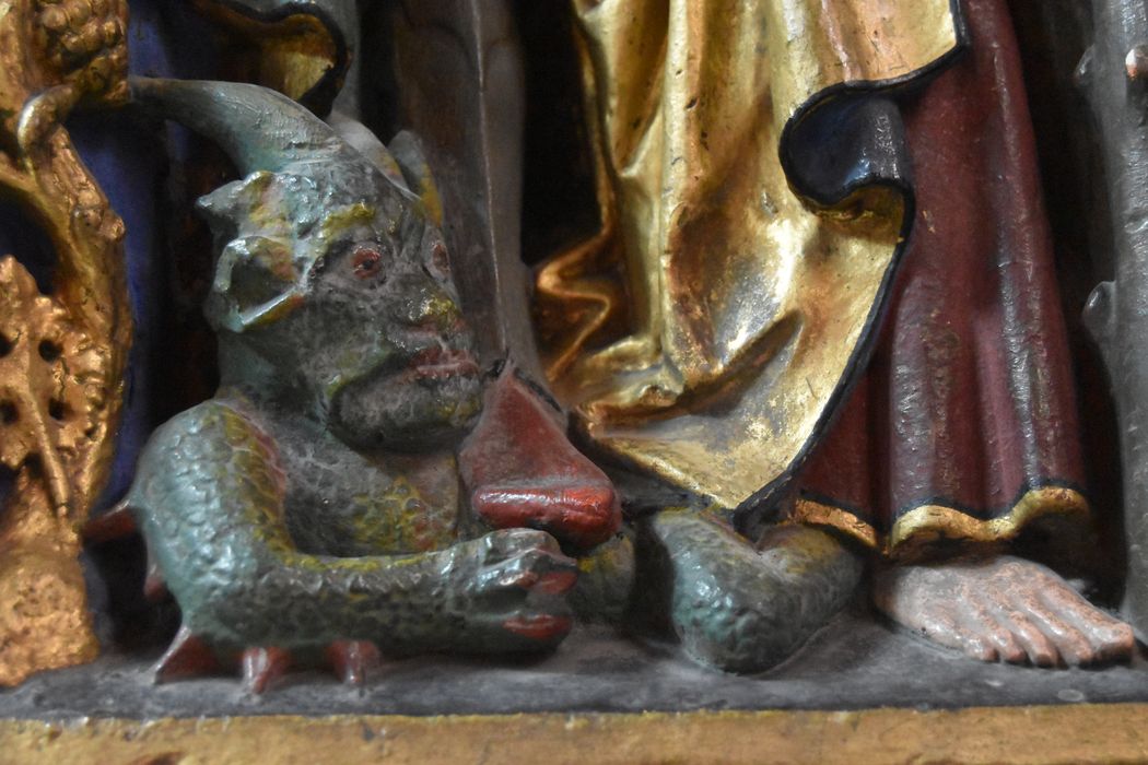 monument funéraire d'Antoine de Tramecourt : Nativité le donateur accompagné de saint Antoine et trois saints (la), détail