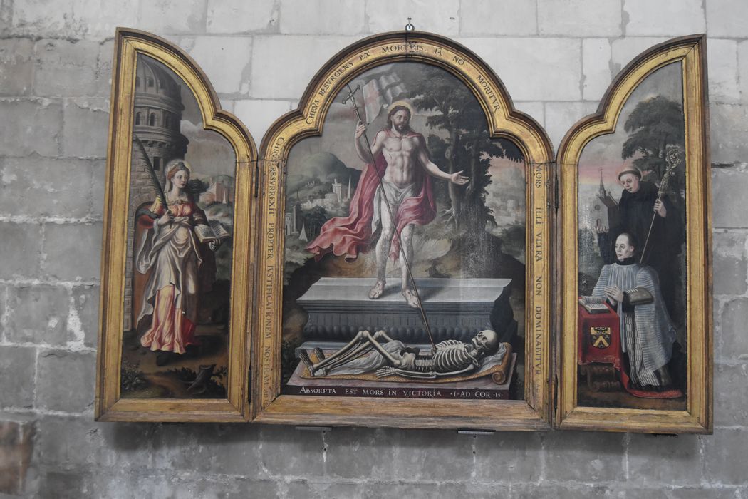 Tableau (triptyque) : Résurrection du Christ, sainte Barbe, saint Robert et le chanoine Robert de saint Martin, donateur - © Ministère de la Culture (France), Médiathèque du patrimoine et de la photographie, diffusion RMN-GP