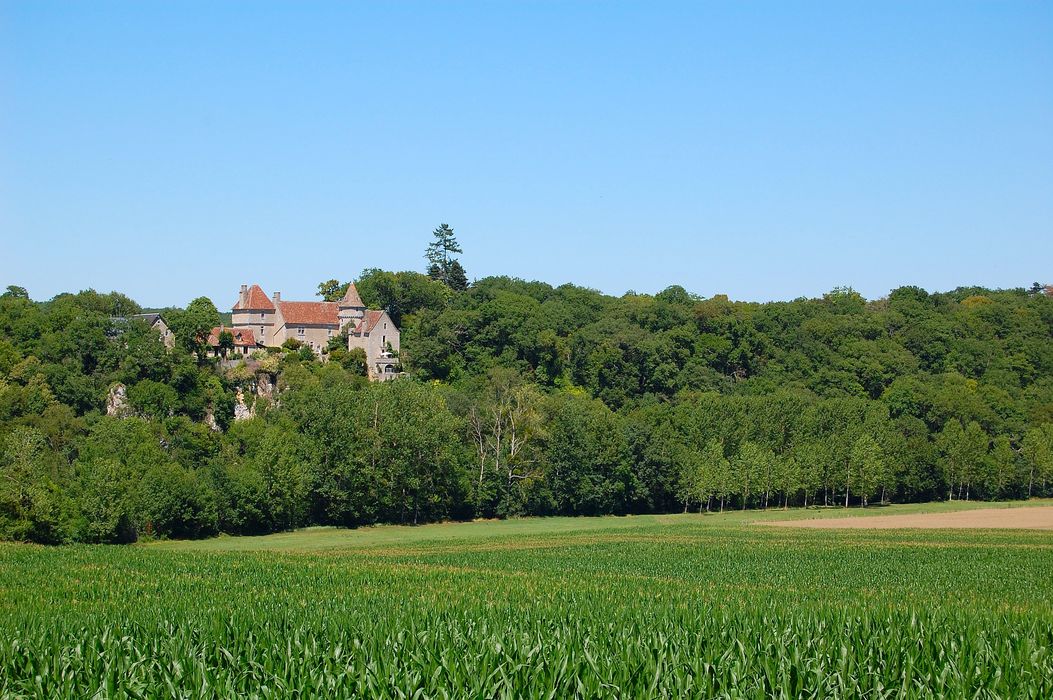 Château de Monteneaux : Vue générale du château dans son environnement depuis le Sud-Ouest