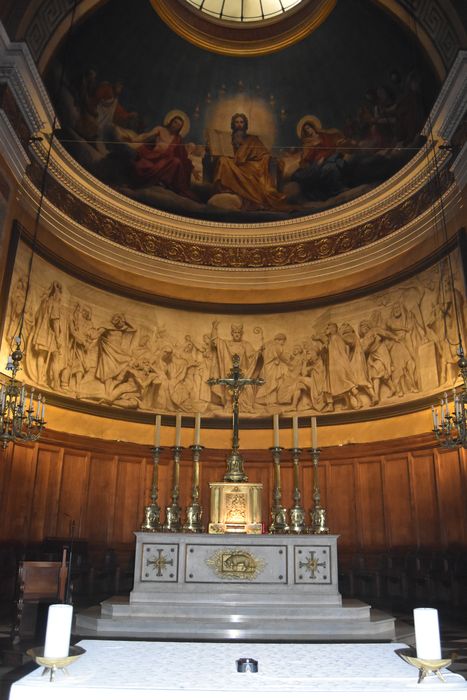 Peinture monumentale de la demi-coupole du sanctuaire : Le Père Eternel, le Christ et la Vierge entourés d'anges, Saint Denis prêchant dans les Gaules