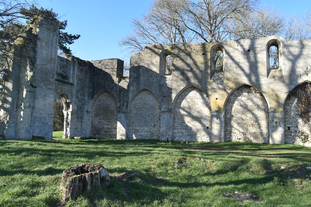 Ruines de la chapelle romane de Champlieu : Mur gouttereau nord, élévation sud, vue générale