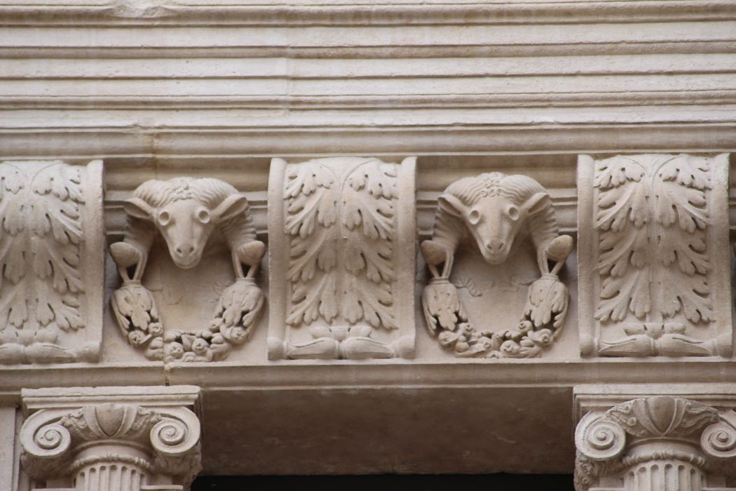 Maison des Chevaliers : Façade sur rue, détail des éléments décoratifs