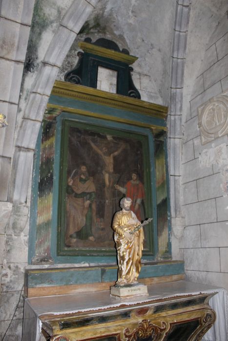 autel, retable, tableau : Christ en croix entre saint Laurent et saint Barthélémy (le)