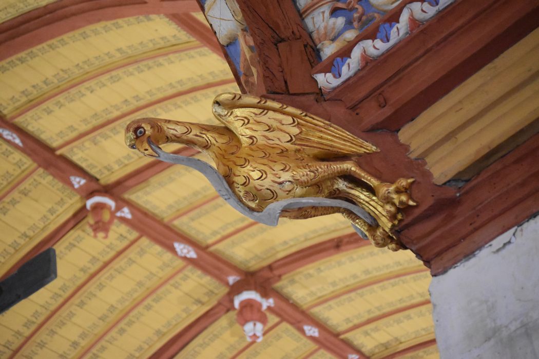 charpente et lambris de couvrement de la nef et du choeur, détail d’un blochet : aigle de saint Jean