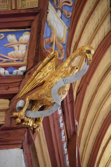 charpente et lambris de couvrement de la nef et du choeur, détail d’un blochet : aigle de saint Jean