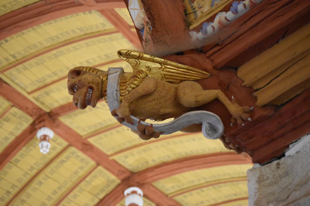 charpente et lambris de couvrement de la nef et du choeur, détail d’un blochet : lion de saint Marc