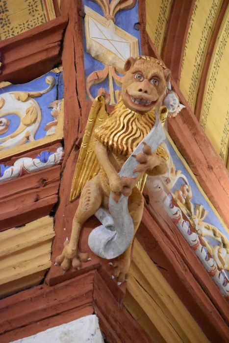 charpente et lambris de couvrement de la nef et du choeur, détail d’un blochet : lion de saint Marc