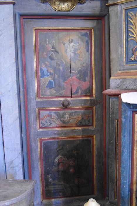 retable du maître-autel, détail de deux panneaux peints : Transfiguration (la), nature morte