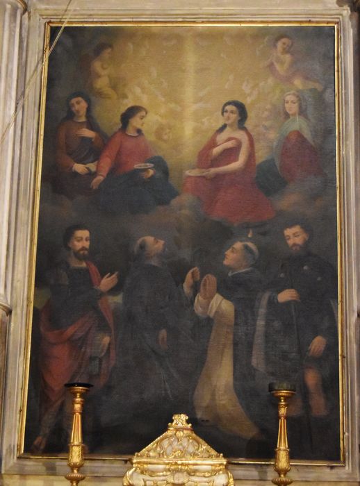 tableau : Saintes Appoline, Lucie, Brigitte, et saints Roch, Dominique, franciscain et soldat romain