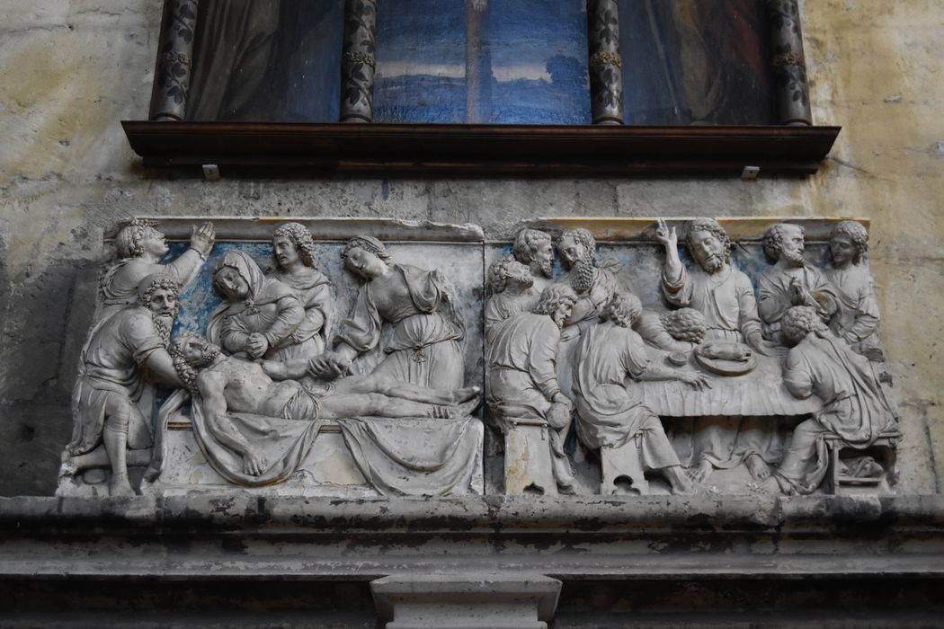 Retable, 2 bas-reliefs : la Cène, la Mise au tombeau